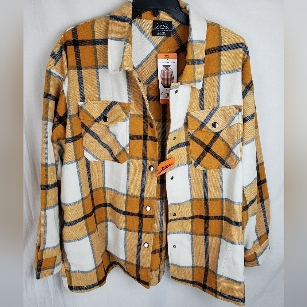 NWT HFX Yellow and Navy Plaid Long Sleeve Shacket Sz XXL